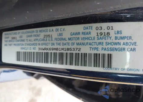 2001 Volkswagen Jetta Gl из США, поврежденный, VIN 3VWRK69M81M185372